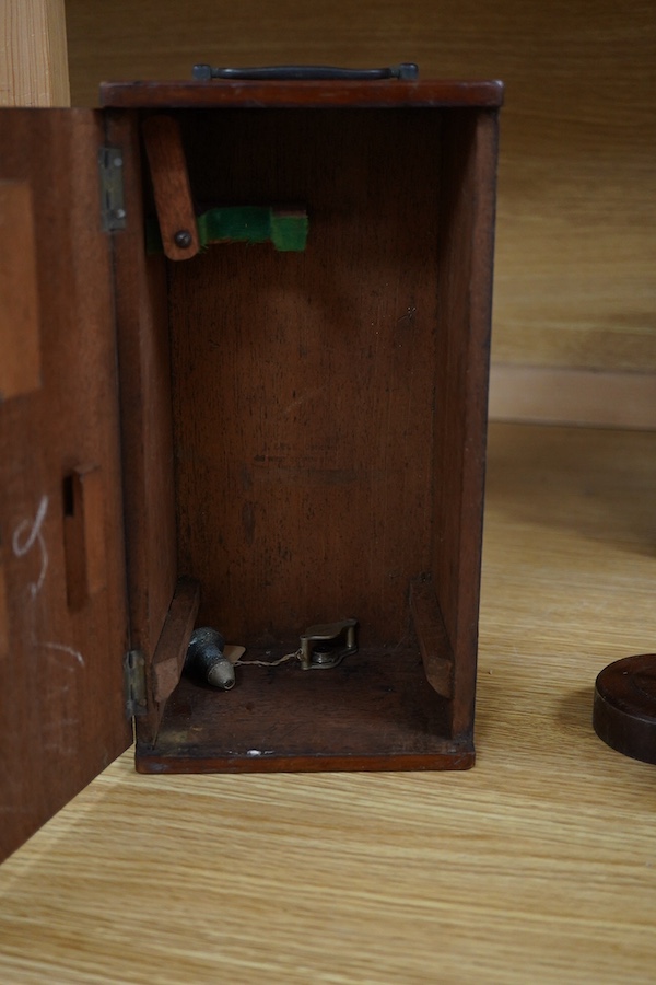 A small mahogany cased microscope, microscope 24cm high. Condition - case good microscope well used